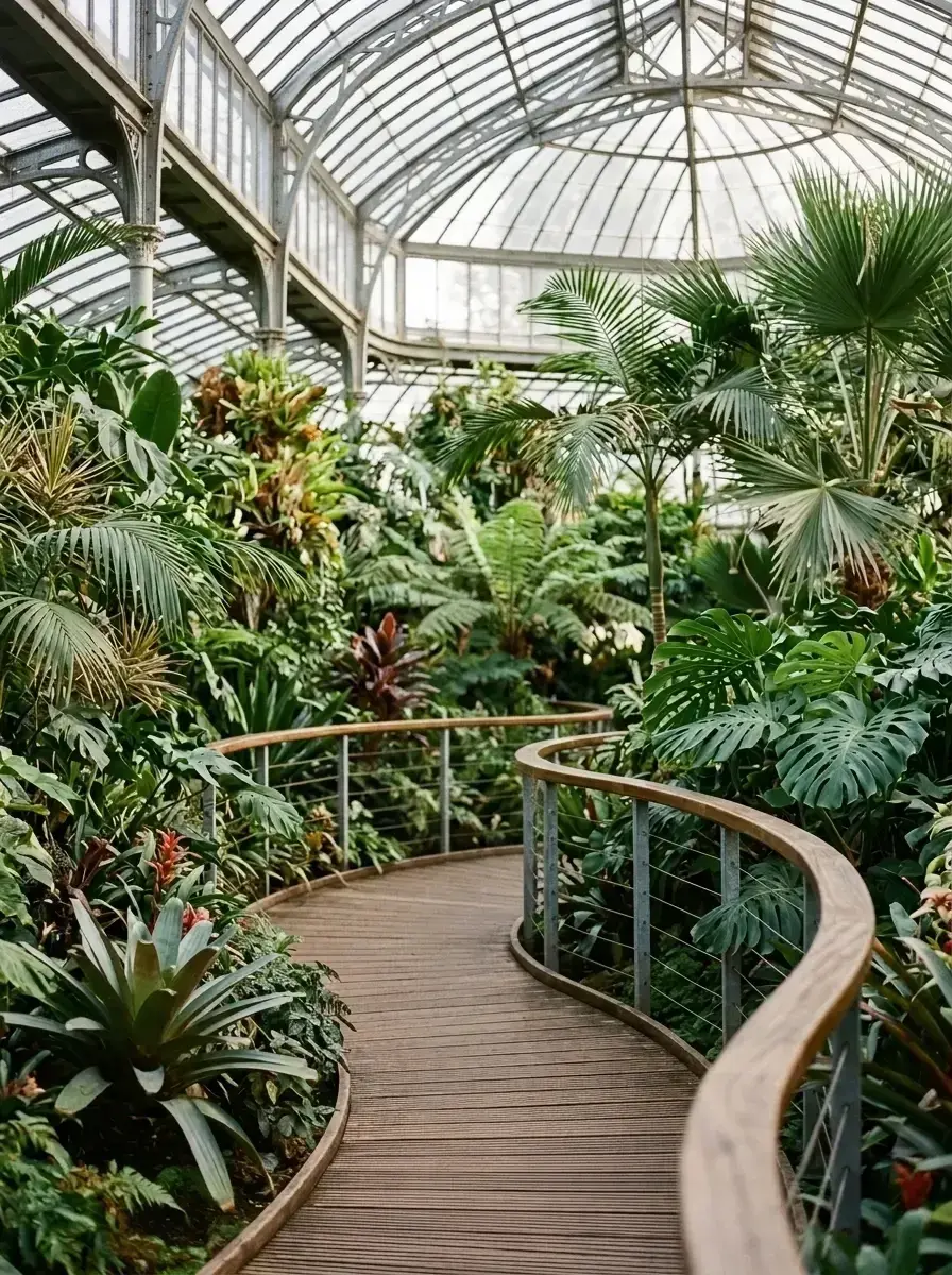 An empty curved wooden path winds through a greenhouse filled with lush tropical plants under a glass roof.