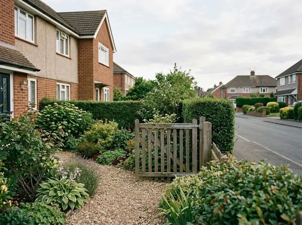 A front garden with a gravel path and a wooden gate in front of a brick house.