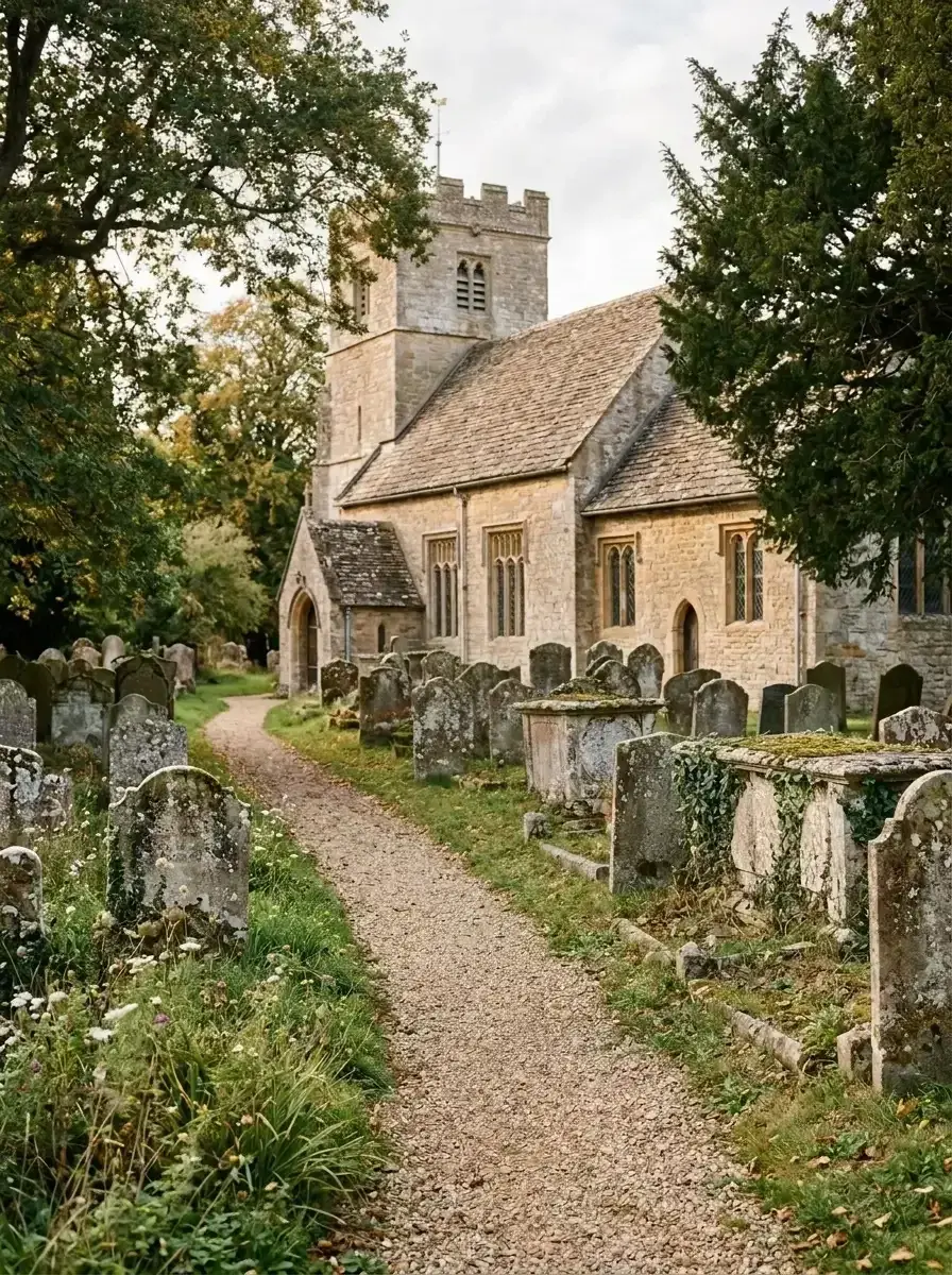 An empty gravel path winds through a churchyard filled with weathered gravestones next to a stone church.