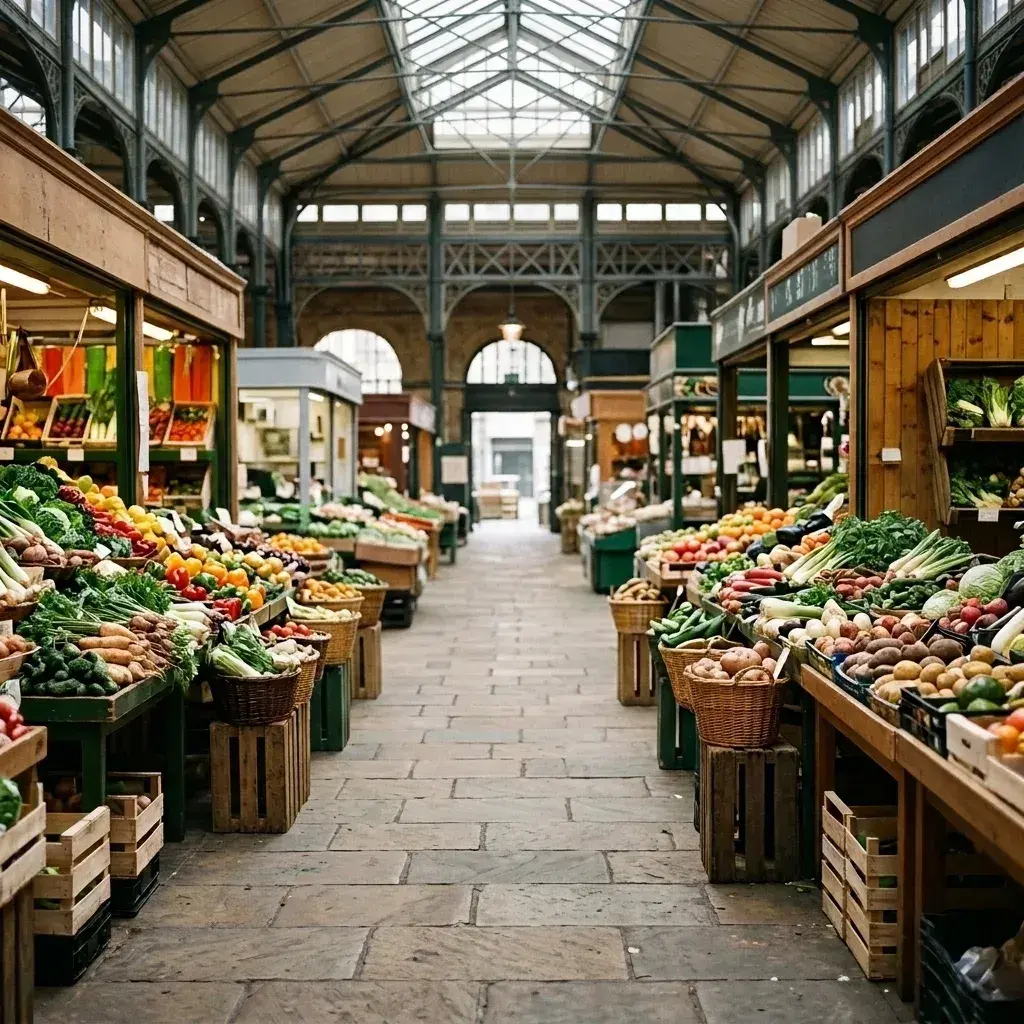 An empty indoor market with rows of produce stalls and no people visible.