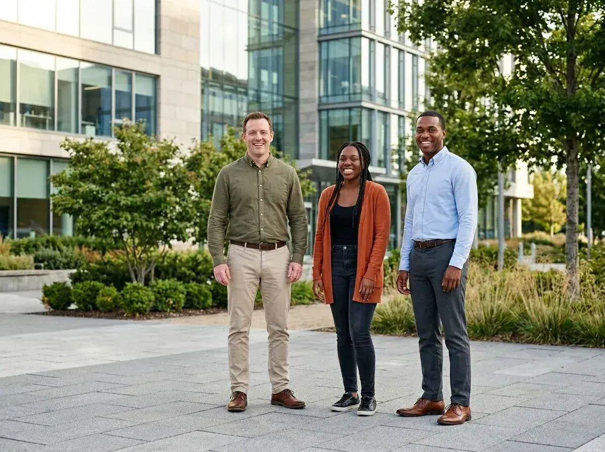 Three people stand in front of the office building after the woman on the far left has been removed.