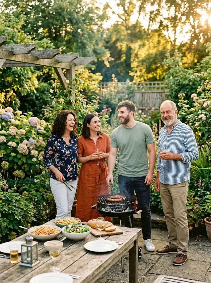 Two men and two women stand around a charcoal grill in a garden with a wooden table in the foreground.
