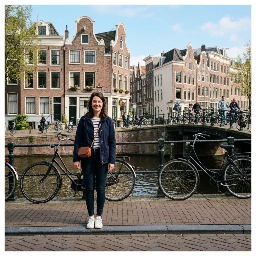 A woman stands on a brick sidewalk in front of a canal and historic buildings, with several other people visible in the background.