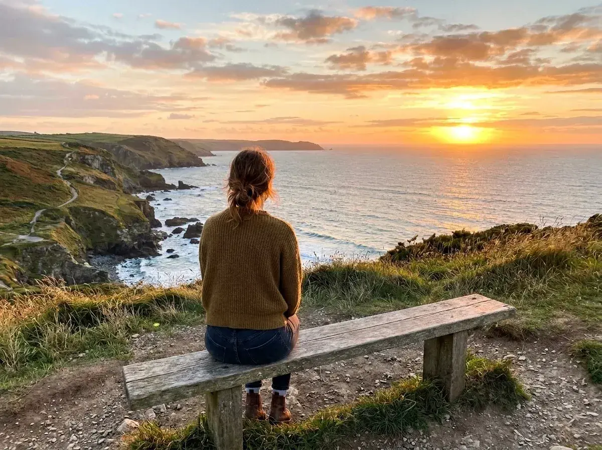 A woman sits alone on a wooden bench on a grassy cliff overlooking a sunset at sea.