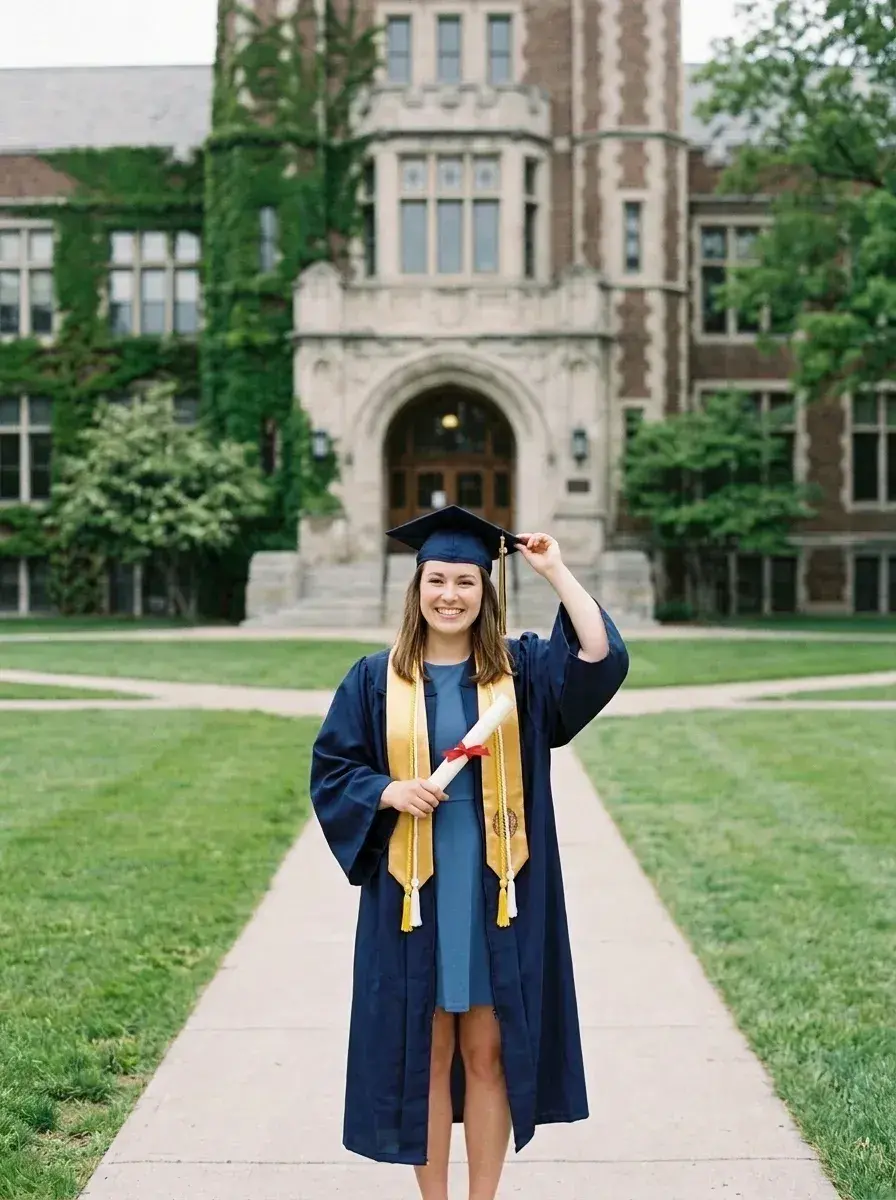 The graduate stands in the same spot on the path with all background people removed.
