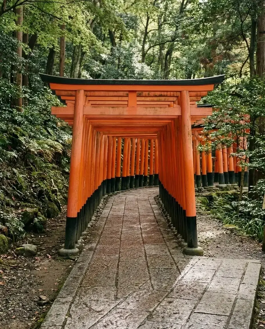 A stone path leads through a series of orange torii gates in a forest with no people present.
