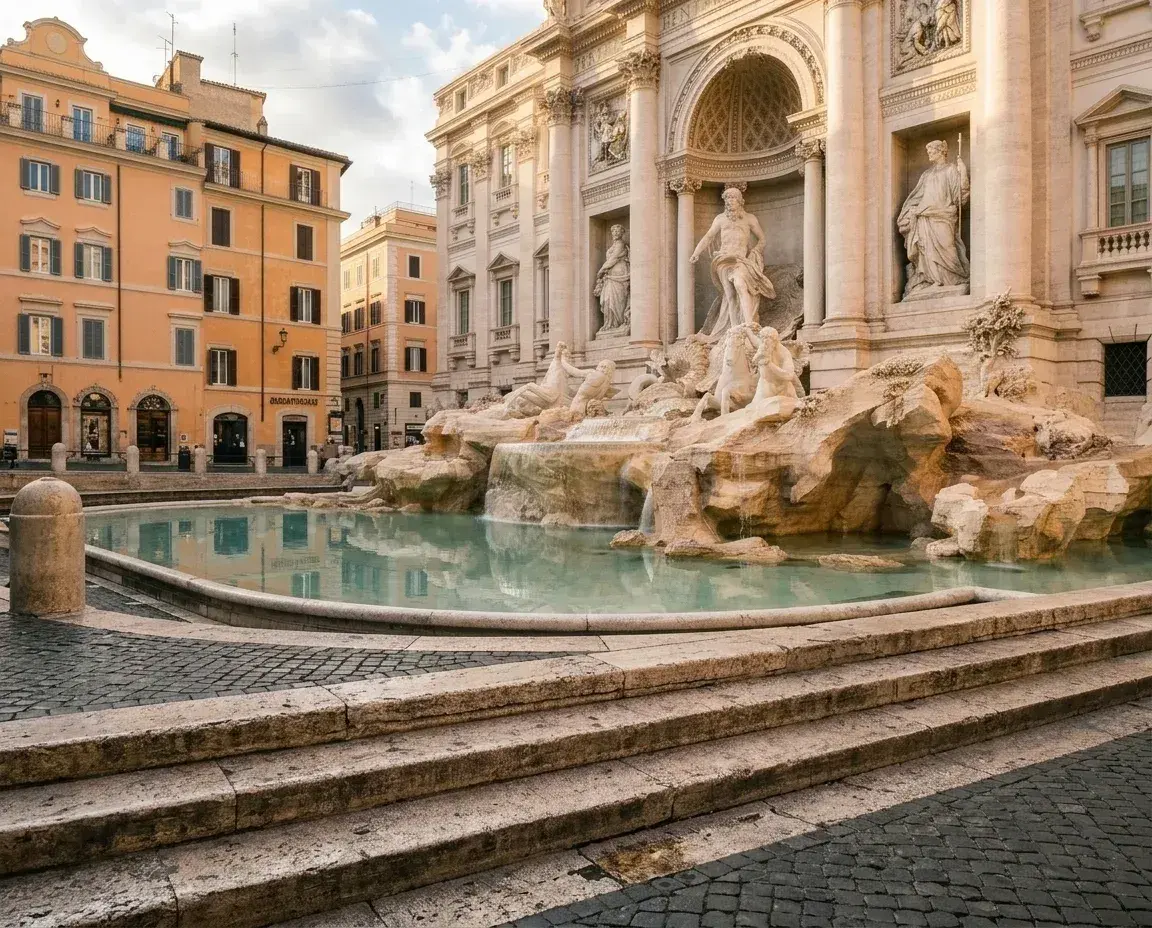 The Trevi Fountain and its surrounding stone steps are shown with no people present.