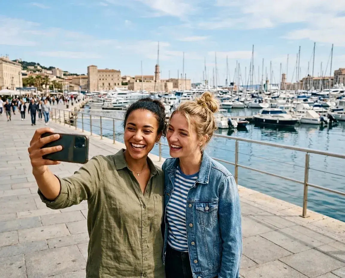 Two women smile for a selfie on a stone walkway next to a harbor filled with boats. Several people walk in the distance.