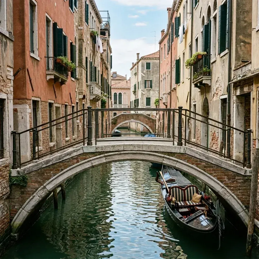 A stone arch bridge spans a narrow canal in Venice with no people present, and a gondola sits in the water below.