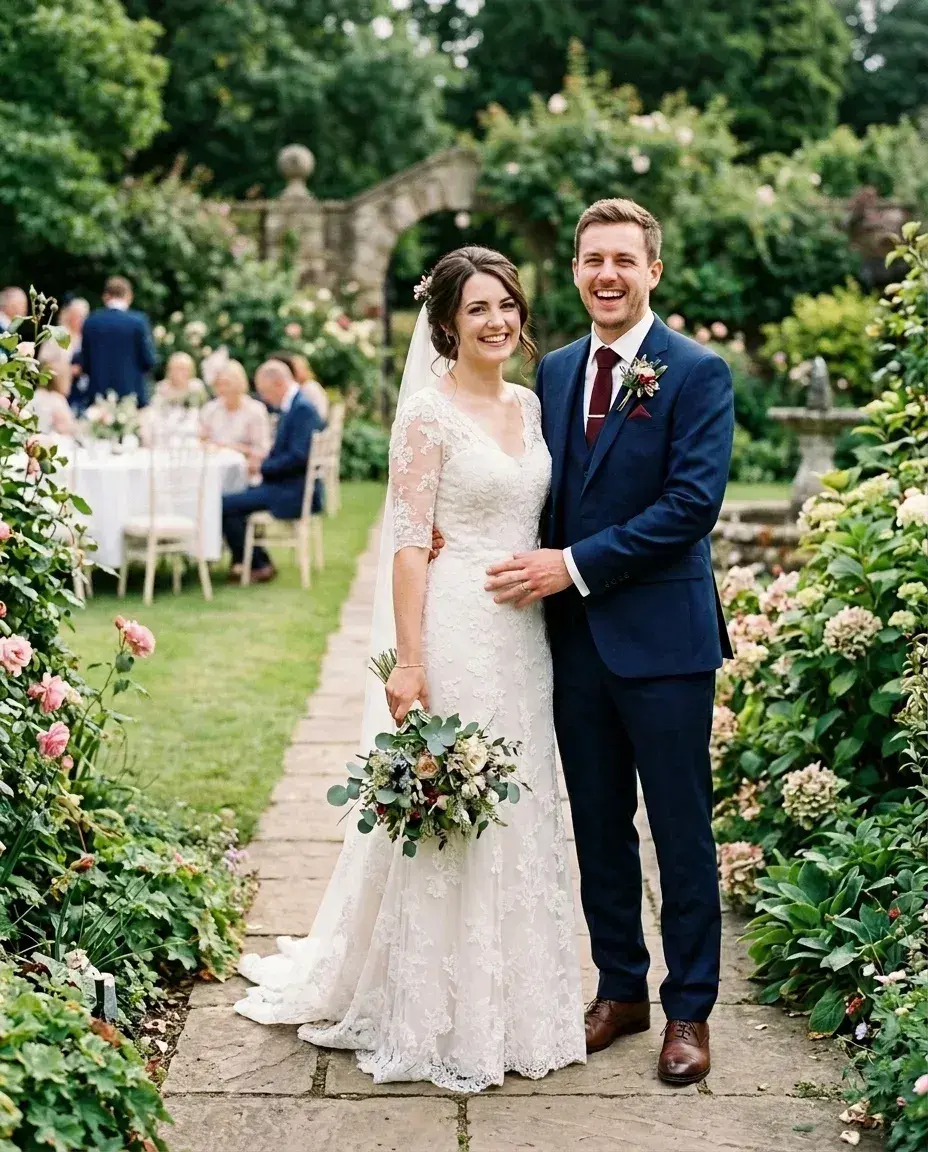 A bride and groom stand on a stone path in a garden with guests seated at tables in the background.