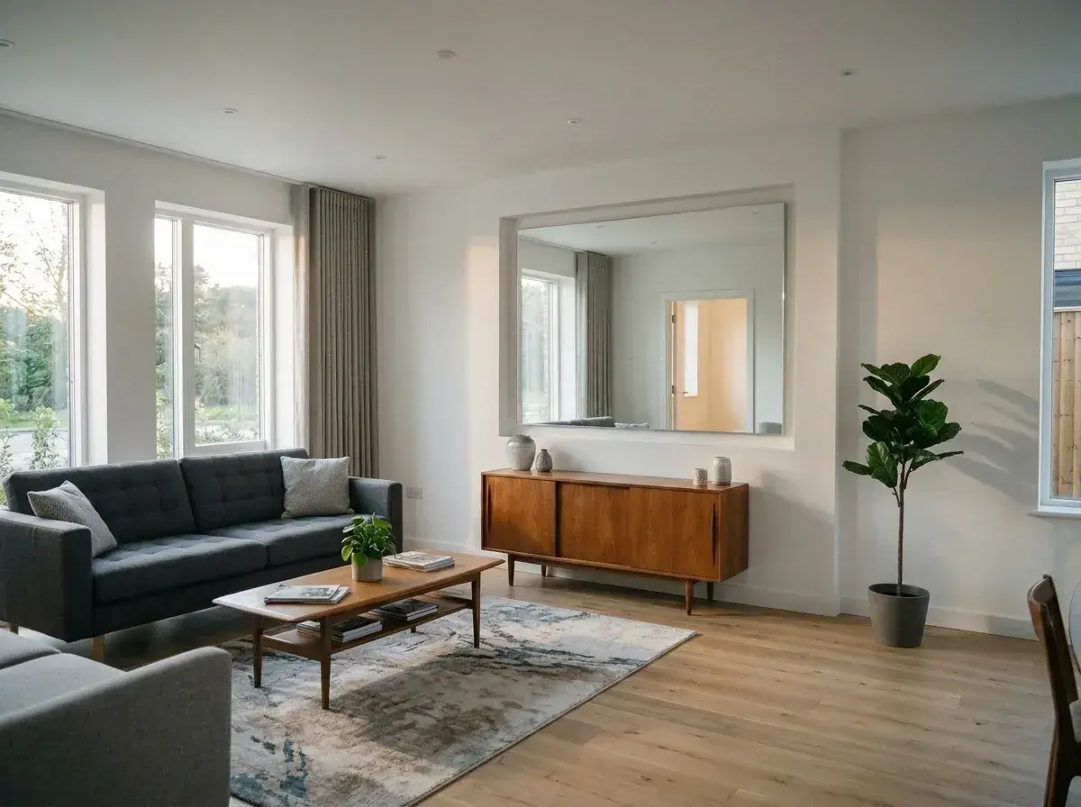 The same living room with a grey sofa, wooden coffee table, and sideboard, shown without any people.
