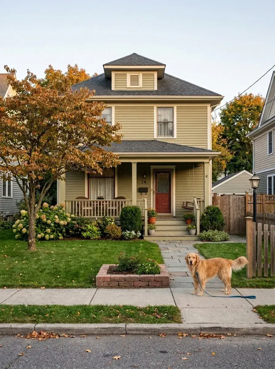 A golden retriever stands on a sidewalk with its leash on the ground in front of a green two-story house.