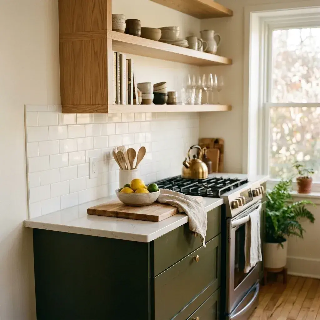 A kitchen with green cabinets, a white countertop, and open wooden shelves filled with dishes.