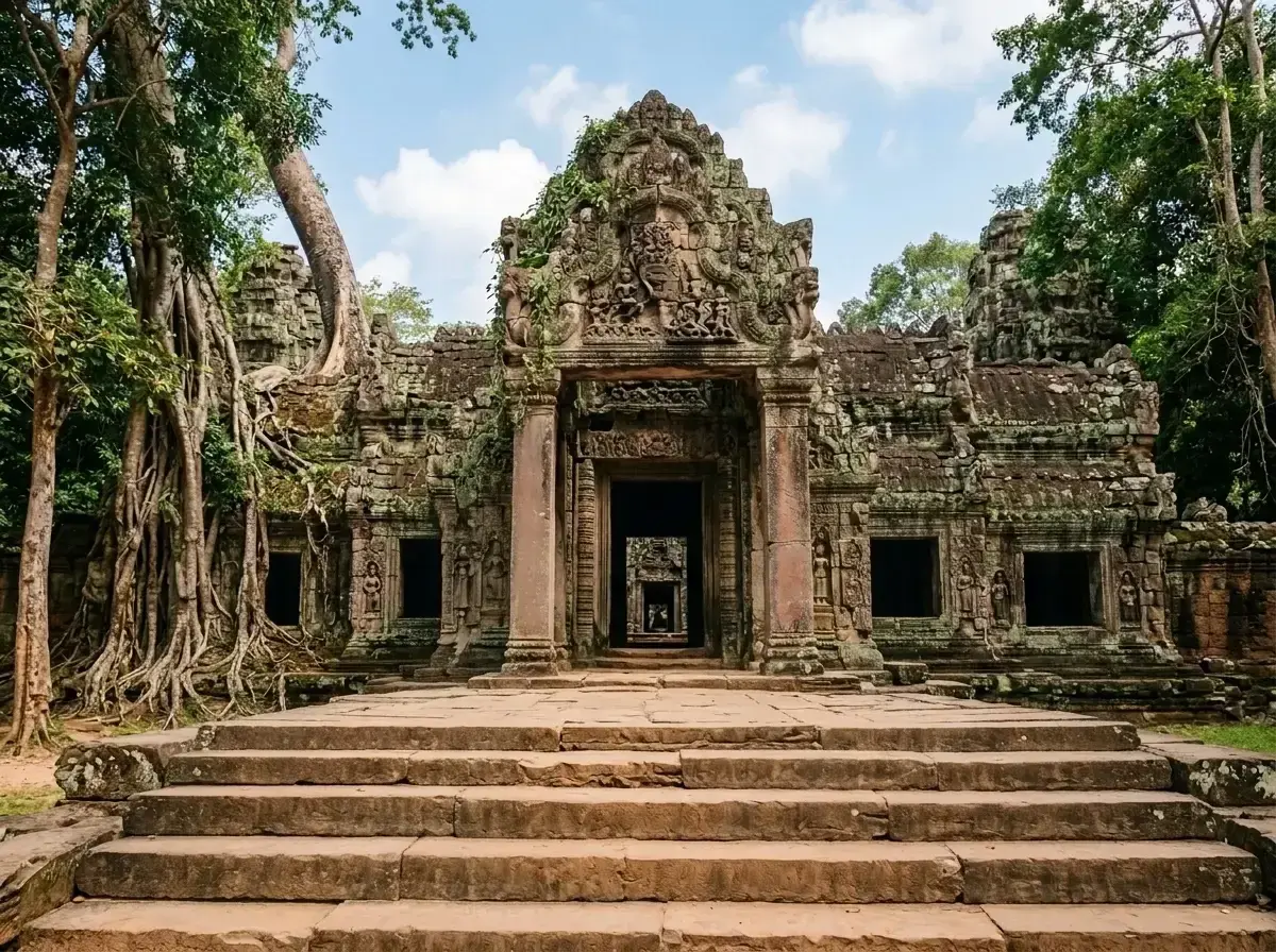 The stone steps and entrance of an ancient temple surrounded by large trees and roots, with no people present.