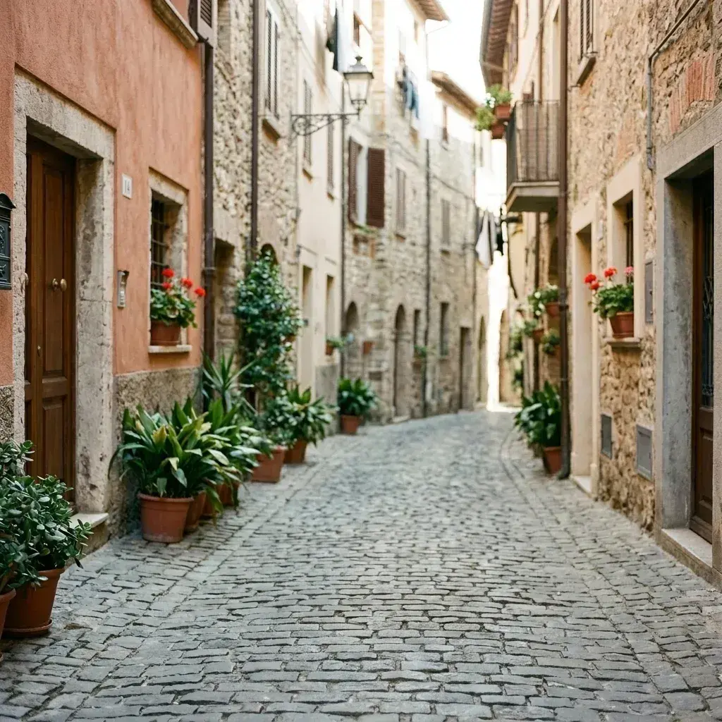 An empty narrow cobblestone street lined with stone buildings and potted plants.