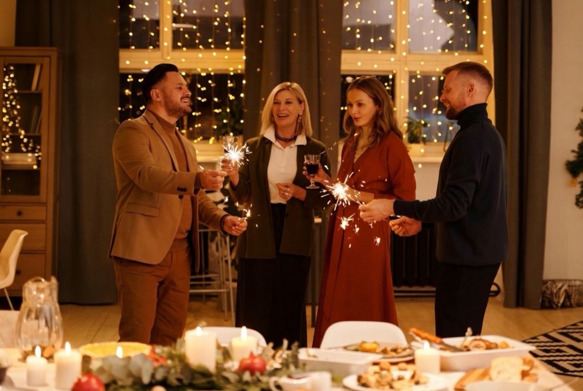 Holiday sparkler photo after AI removed one person - 4 people remain