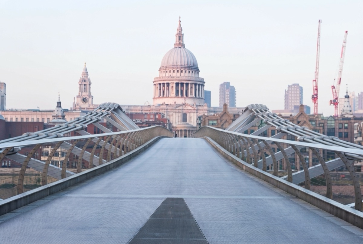 Millennium Bridge completely empty with St Pauls Cathedral London - after AI removed all tourists