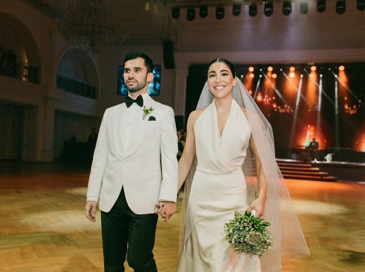 Joyful couple walking down the aisle during a beautiful indoor wedding ceremony. - after AI removed all people